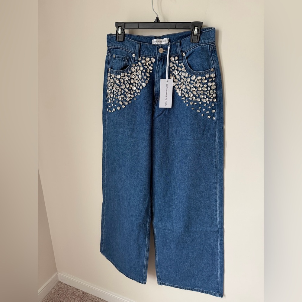 Torn by Ronny Kobo rhinestone barrel wide leg Jeans